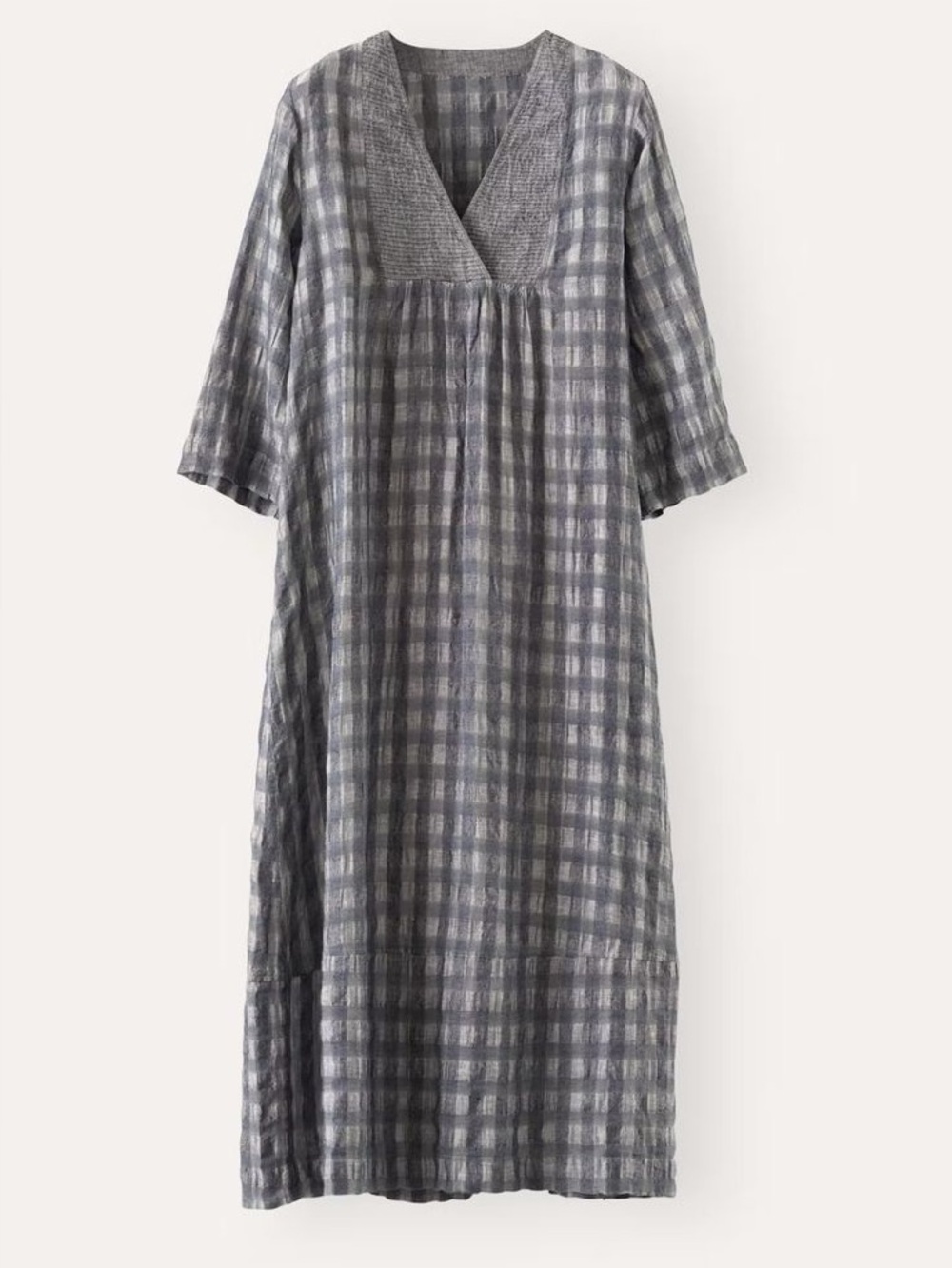 Poetry Pintucked Seersucker Checked Linen Cotton Tunic Dress Gray Lagenlook Sz 8